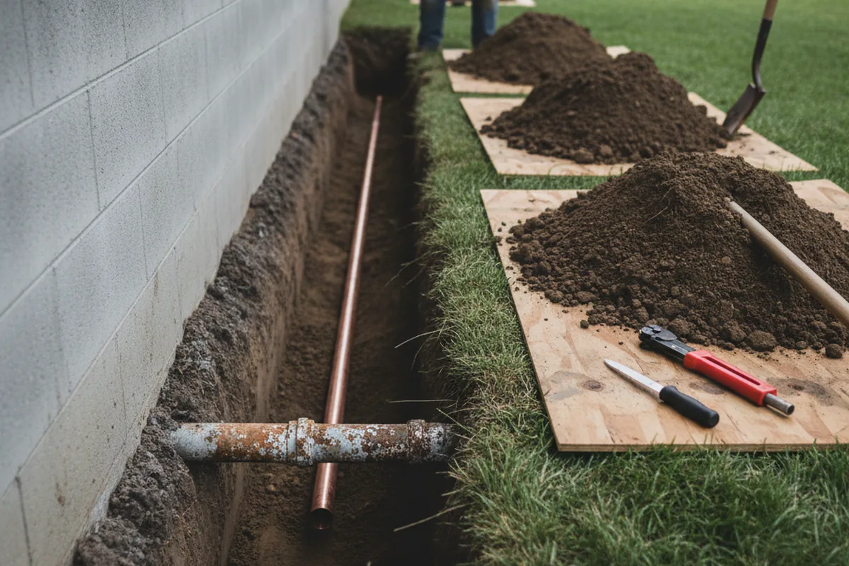 Excavated water line trench during Water Softener Installation in Smithfield